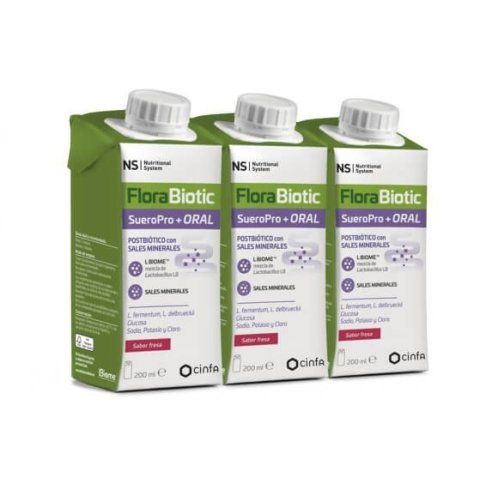 Florabiotic NS Florabiotic SueroPro+ Oral Postbiótico con sales minerales con doble acción 3 envases de 200ml sabor fresa y naranja.