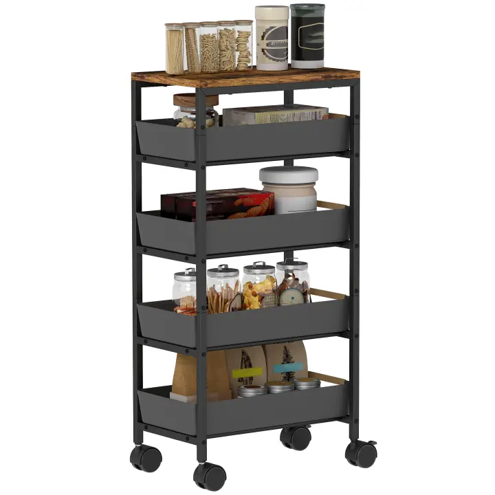 HOMCOM Carro de Cocina de Almacenamiento de 5 Niveles Carrito Auxiliar con Ruedas Tablero Efecto Madera y 4 Cajones Extraíbles Carrito de Cocina para Comedor Salón 39,5x24x82 cm - 1