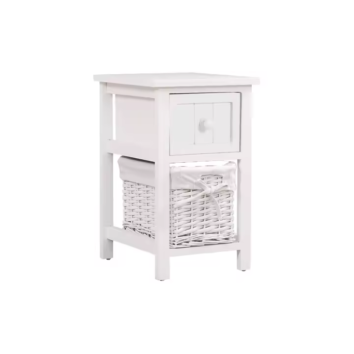 Mediawave Tienda Mesita de noche blanco bombardeado Shabby Chic extraíble cesta de mimbre con cajón - 1