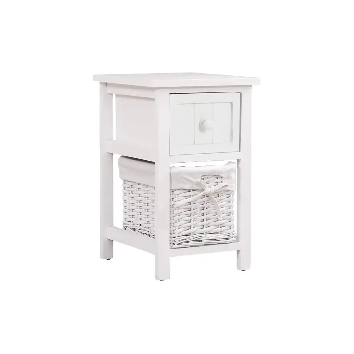 Mediawave Tienda Mesita de noche blanco bombardeado Shabby Chic extraíble cesta de mimbre con cajón - 1