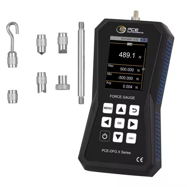 Medidor de fuerza con célula externa hasta 500 N / Diferentes modos de alarma / Pantalla gráfica / Registro de datos / Incluye software / PCE Instruments - 1