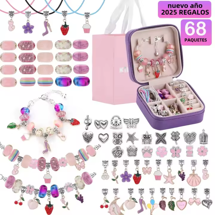 Kit De Bricolaje Para Pulseras Y Collares Con 68 Piezas Caja De Joyería Violeta Encantos Rosas DIY Regalo Para Mujeres - 1