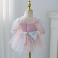 Vestido De Verano Para Bebé Con Pétalos Y Lazo En Malla Colorida Traje De Baño Para Niñas Con Mangas Cortas Estilo Cute - details 1