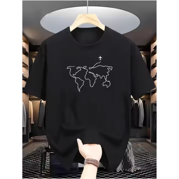 Men's 100% Cotton Casual T-Shirt with Beige Map Outline Graphic, Crew Neck, Short Sleeve, Summer Fashion Tee for Daily & Weekend Wear - 1