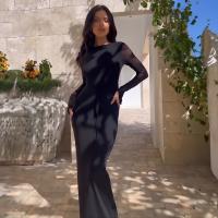 Vestido Largo De Mujer Con Cuello En V Profundo Y Malla De Encaje Sensible Al Viento De Color Sólido Talla Slim Para Fiestas Y Clubes - details 9