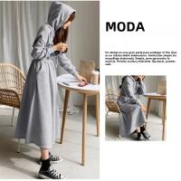 Vestido Largo De Algodón Con Capucha Casual Para Mujer Otoño Invierno Manga Larga Pullover Sólido Con Aros A-Line De Piso - details 1