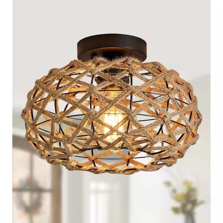 Lámpara de techo semiempotrada estilo bohemio, mimbre de ratán, iluminación rústica, lámpara de techo de ratán tejido estilo vintage, con diseño de jaula tejida vintage, adecuada para pasillos, salas de estar, comedores, dormitorios y salas de estudio. - 1
