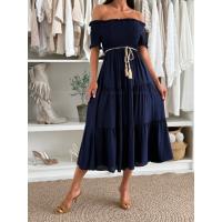 Vestido De Una Pieza Casual Para Mujer Con Cintura Y Tirantes De Color Sólido De Polyester Cómodo Y De Manga Corta De S a XXL - details 3