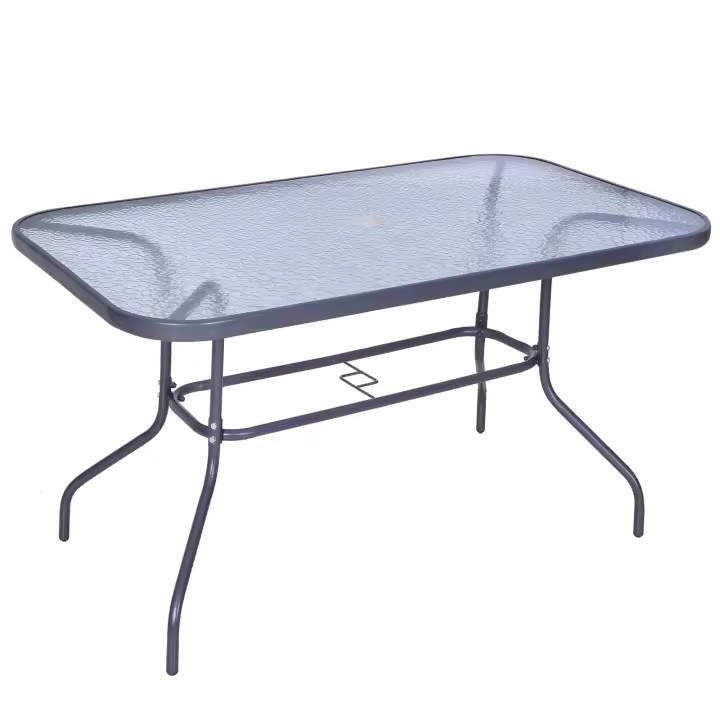 Outsunny Mesa de Jardín Exterior Rectangular de Metal Bordes Curvos con Orificio para Sombrilla Capacidad 70kg Vidrio Templado 140x80x70 cm Gris Carbón - 1