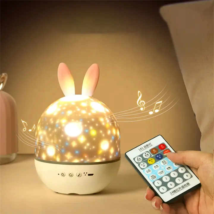 Luz de noche de conejo - Luz de noche para bebés - Luz de noche para niños - Proyector de luz de noche - 15 modos - Recargable - Con música - Con control remoto - Rosa - 1