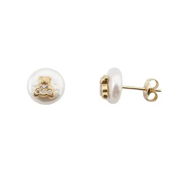 Inmaculada Romero Pendientes Oro 18k Perla Coín 7-8mm. Oso Circonitas Cierre Presión - 1