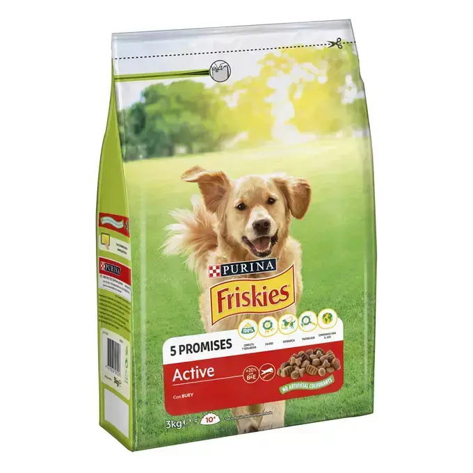 PURINA® FRISKIES® Active Carne 3KG Alimento para perros adultos completo y equilibrado sin colorantes añadidos, formulado para ayudar a mantener las defensas naturales de tu perro, un pelaje brillante y una piel saludable. - 1