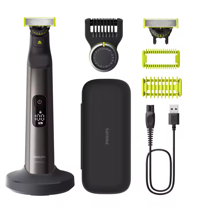 Philips OneBlade Pro Afeitadora de Barba y Corporal, 1x cuchilla 360 para la cara; 1x cuchilla 360 para el cuerpo; Protector de piel; Peine corporal (3 mm) Pantalla LED; Soporte de carga; Estuche de viaje y Cable de Carge USB-A. (QP6652/61) - 1