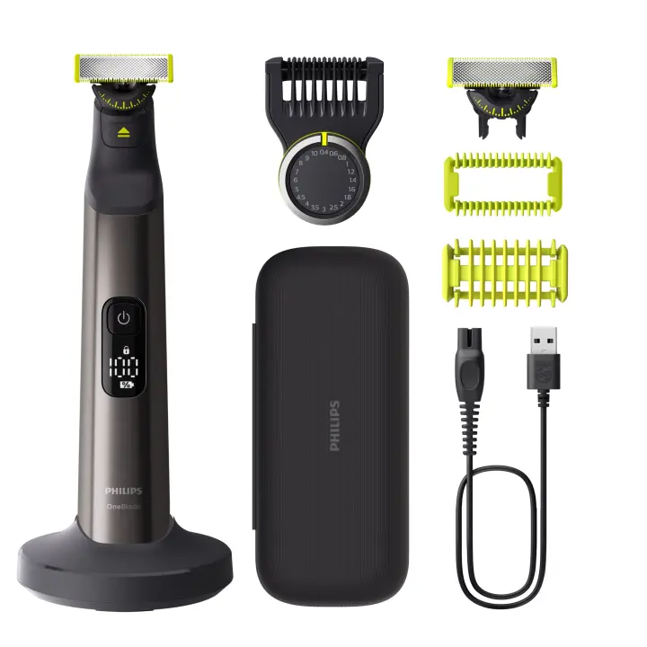 Philips OneBlade Pro Afeitadora de Barba y Corporal, 1x cuchilla 360 para la cara; 1x cuchilla 360 para el cuerpo; Protector de piel; Peine corporal (3 mm) Pantalla LED; Soporte de carga; Estuche de viaje y Cable de Carge USB-A. (QP6652/61) - 1