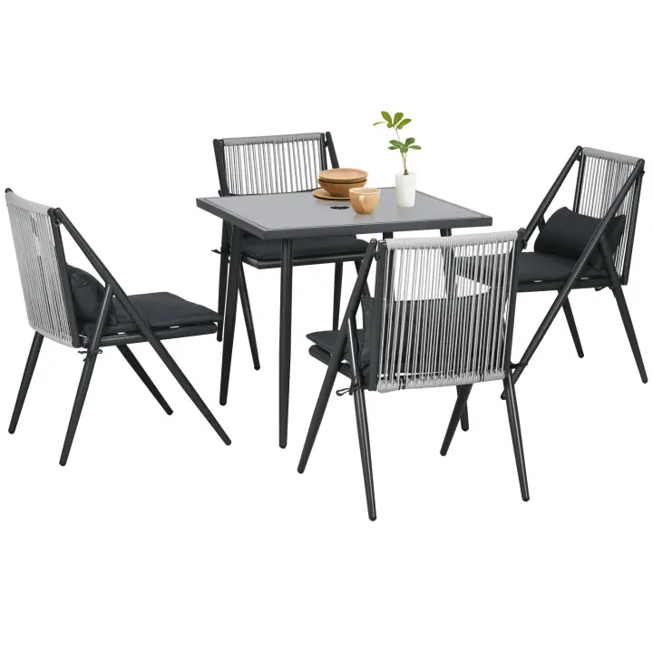 Outsunny Grupo de Asientos Juego de Muebles de Jardín de 5 Piezas, Juego de Muebles de Balcón con 1 Mesa, 4 Sillas, Muebles de Jardín con Orificio para Sombrilla, para Balcón, Terraza, Poliéster, Gris Oscuro - 1