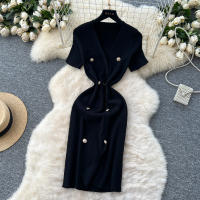 Vestido Tejido REALEFT 2025 Para Mujer Verano Cuello En V Corto Manga Metálico Botones Cintura Alta A-Line Longitud Media - details 7