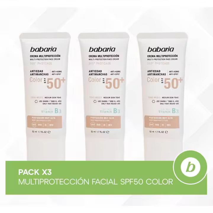 Babaria Pack 3x Multiprotección Facial SPF50 Color: Crema Solar Facial Antiedad y Antimanchas con Textura Ligera para una Protección Completa - 1