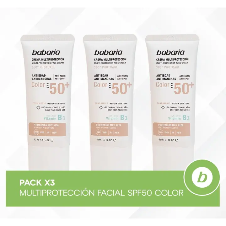 Babaria Pack 3x Multiprotección Facial SPF50+ Color: Crema Solar Facial Antiedad y Antimanchas con Niacinamida, Textura Ligera 50 ml - 1