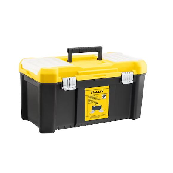 STANLEY STST75787-1 - 19” Tool Box with 2 Removable Organizers, made of durable plastic, featuring a removable tray and metal locks, perfect for hand tools and small power tools, with a capacity of 16.8 liters and a compact design for easy transport.