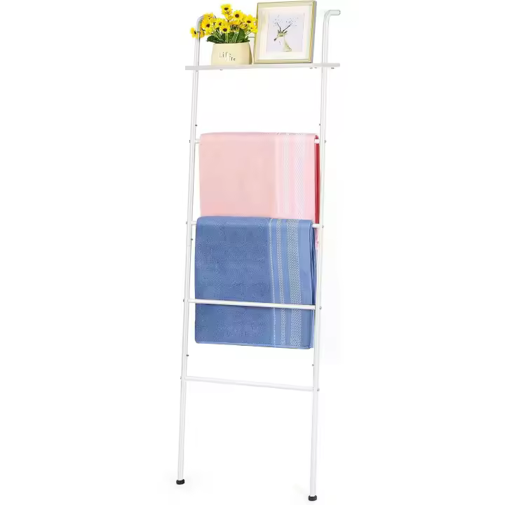 Toallero, toallero de baño, Escalera de Manta con Tablero Superior, Soporte para Toallas de pie, Estilo Industrial, toallero, función de Almacenamiento Fuerte, Marco de Metal, Estable, Industrial - 1