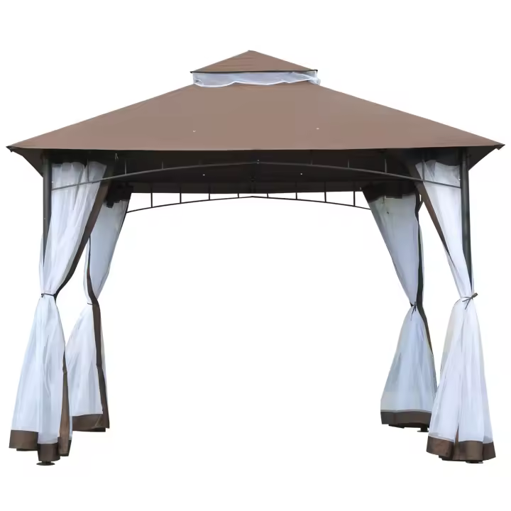 Outsunny Cenador de Jardín 3x3m Pabellón con Doble Techo y Mosquiteras Laterales con Cremallera Buena Ventilación para Terraza Eventos Fiestas Bodas Marrón y Blanco - 1
