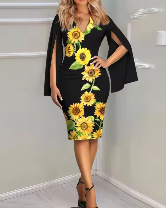 Vestido Bodycon Elegante De Mujer Con Fork Largo Manga Flare Estilo Vintage Para Otoño Vestido De Trabajo Y Fiesta Slim A-Line V-Neck Polyester - 1