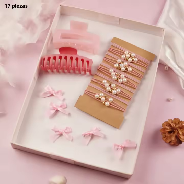 Juego De Accesorios Para El Cabello Rosa Para Mujeres Y Niñas Pinza Para El Cabello Cinta Elástica Y Scrunchies Moda De Cabello - 1