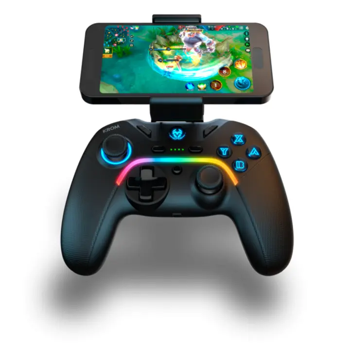 KROM Gamepad KAYROS -NXKROMKAYROS- Gamepad alambrico e inalambrico, diseñado para competicion, botones configurables y macros, PC, SWITCH, ANDROID, IOS, LED RGB, soporte smartphone, negro - 1