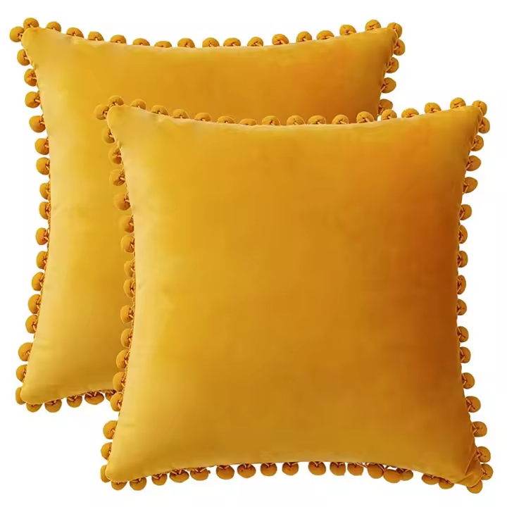 Juego de 2 cojos de terciopelo con pompones, fundas de Cojo Lisas, decorative Funda de Cojo, cojeto para la cabeza, cojeto de asiento, cojeo de Sofá, Dormitory, oficin, Coche, 45x45 cm, Amarillo (sin núcleo de Cojo). - 1