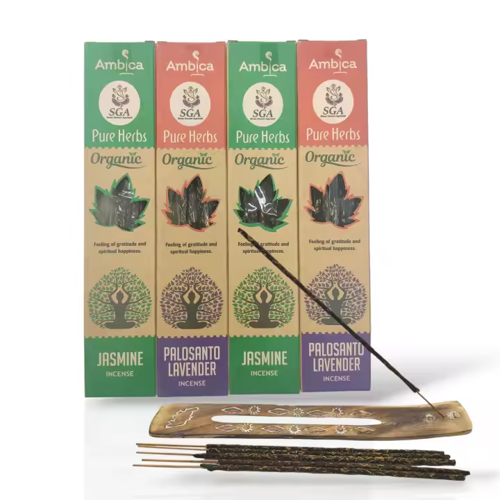 Buscodecor - Incienso Orgánico Palo Santo Y Jazmín, 4 cajas, 10 varillas por caja de Incienso + Quemador de Madera. Aromaterapia - 1