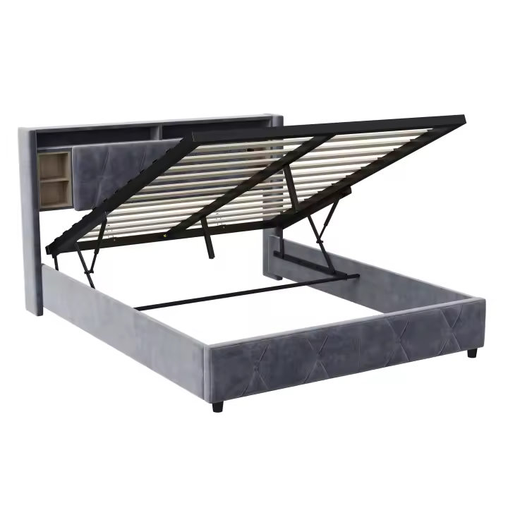 Cama tapizada en terciopelo 140x200/160x200 cm con USB, cabecero con almacenaje y canapé abatible - 1