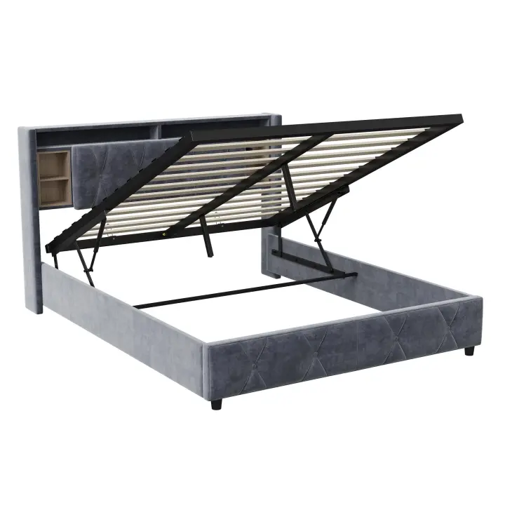 Cama tapizada en terciopelo 140x200/160x200 cm con USB, cabecero con almacenaje y canapé abatible - 1