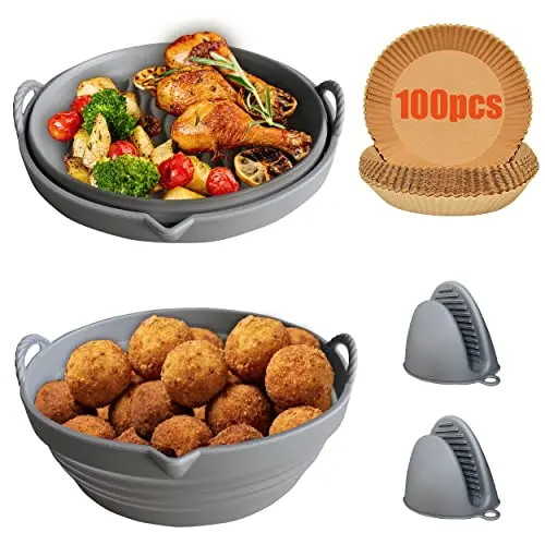 MANAWA TEA Molde Silicona Freidora De Aire, Antiadehrente, Molde Silicona Air Fryer Plegable + Dos Guantes silicona + 100 Moldes de papel, Resistente Altas Temperaturas. - 1