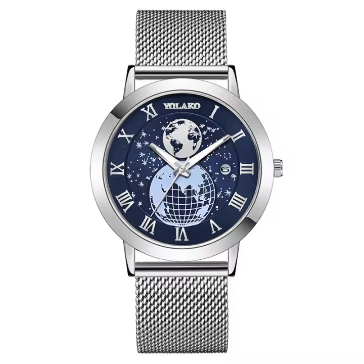 Reloj Hombre con Calendario Global - Correa Milanés/Acero Inox - Diseño Geométrico Innovador - 1