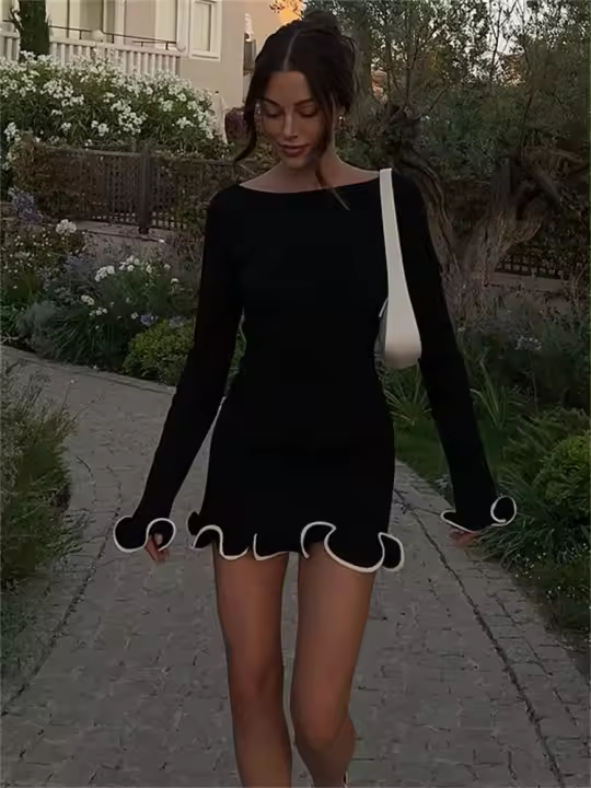 Vestido Mini De Punto Para Mujer Elegante Con Volantes Cintura Alta Ajustado Fiesta Verano Patchwork Traje De Sweater Vestido De Mujer - 1