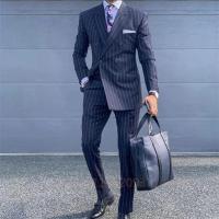 Traje De Novio Azul Oscuro Con Rayas Para Hombre Traje De Boda Slim Fit Tuxedo Con Pico Traje De Negocios 2 Piezas Conjunto De Traje Con Chaqueta Chaleco Pantalón - details 2