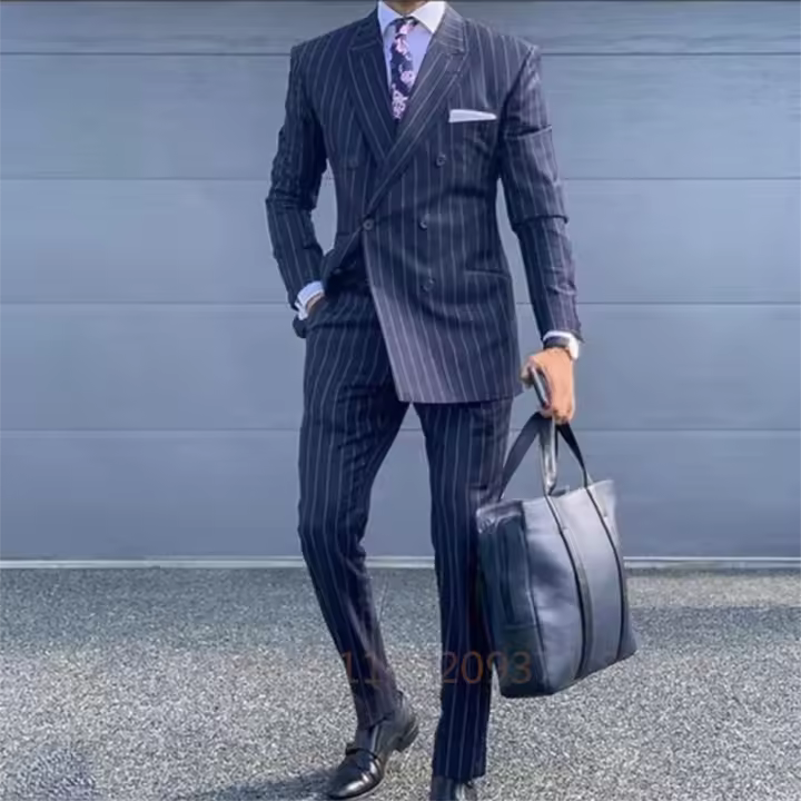 Traje De Novio Azul Oscuro Con Rayas Para Hombre Traje De Boda Slim Fit Tuxedo Con Pico Traje De Negocios 2 Piezas Conjunto De Traje Con Chaqueta Chaleco Pantalón - 1