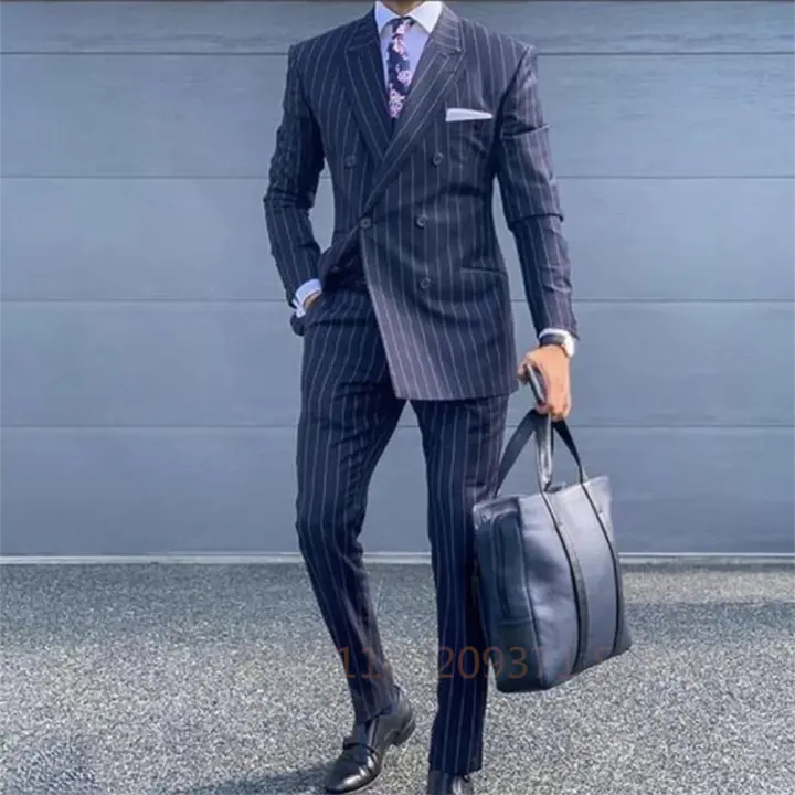 Traje De Novio Azul Oscuro Con Rayas Para Hombre Traje De Boda Slim Fit Tuxedo Con Pico Traje De Negocios 2 Piezas Conjunto De Traje Con Chaqueta Chaleco Pantalón - 1