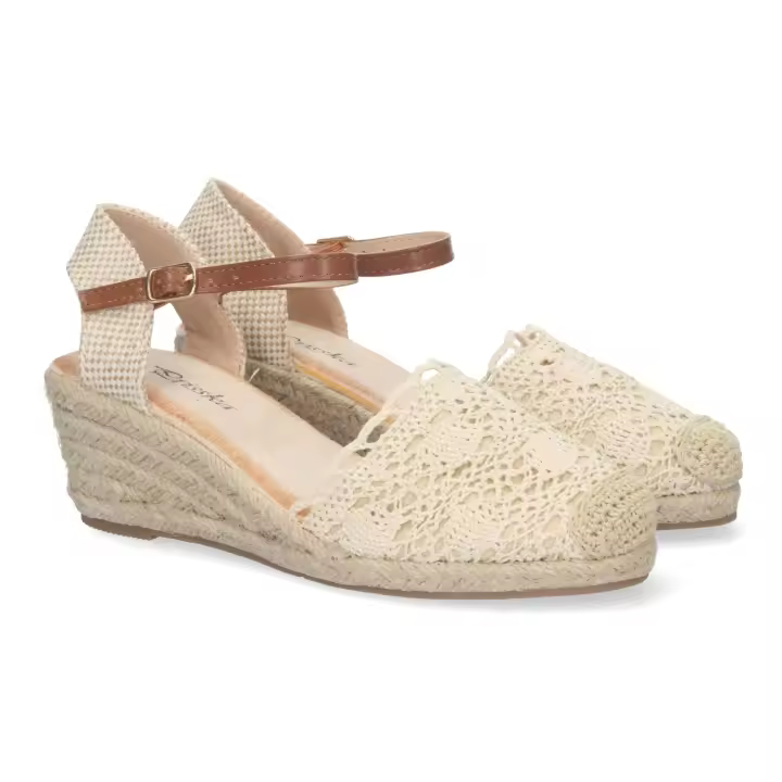 PuntoSalao Alpargata de cuña media de yute cómoda pala crochet beige YJ761 - 1