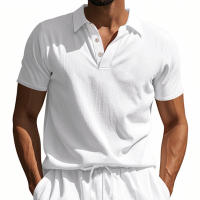 Camisa POLO de manga corta con solapa y botones, informal, de lino, transpirable, estilo británico, de verano para hombre - details 7