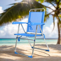 Silla de Playa Alta Plegable Reclinable de 5 Posiciones, Silla Portátil Resistente Respaldo Ajustable con Apoyabrazos,  Sillón Ligero Ideal para Jardín Beach Piscina Patio, Silla Exterior Aire Libre Color Puro / a Rayas - details 0