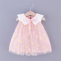 Vestido De Verano Para Niñas Con Pétalos De Margarita Y Cuello Gasa Sólido Sin Mangas Dulce Y Lindo Vestido De Malla - details 1