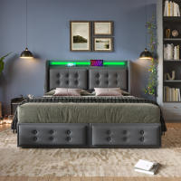 Cama tapizada 160x200, Cama Doble with cabecera LED y Carga USB C, 4 cajón, Cama de almacenamiento with base de listones de madera y Marco metálico, capacidad de carga 300 kg, Gris, algodón (sin colchón) - details 1
