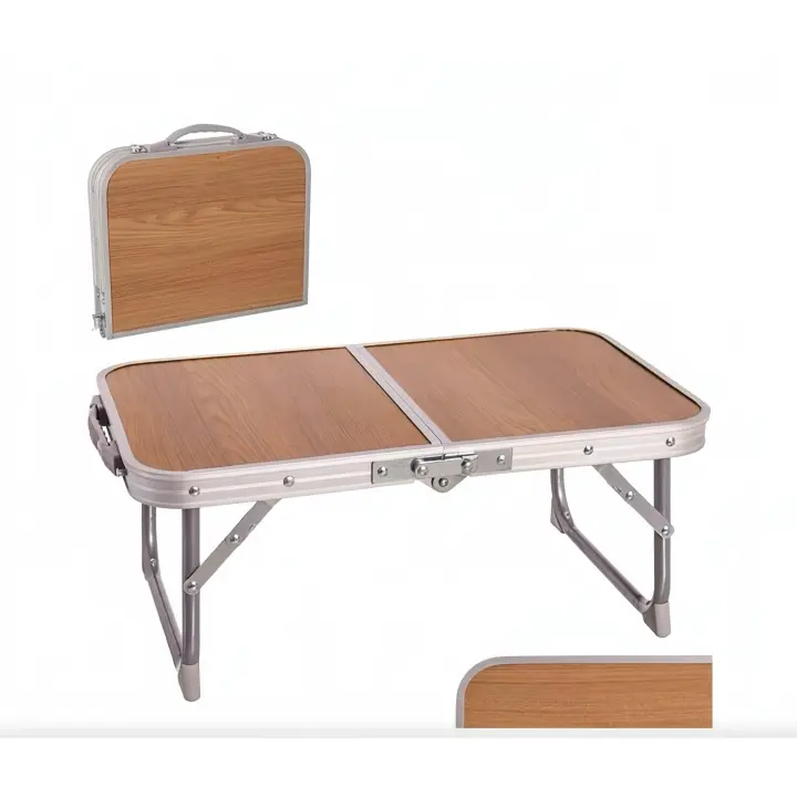 BANDEJA MESA PLEGABLE PARA CAMA PLAYA EXTERIOR CASA MULTIUSOS, COLOR MADERA Y ALUMINIO 56X34X22CM - 1
