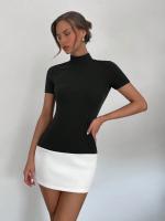 Vestido Corto De Verano Con Cuello Alto Media Altura Manga Corta Color Coordinado Ajustado Para Mujer Oficina Y Compra Diaria - details 3