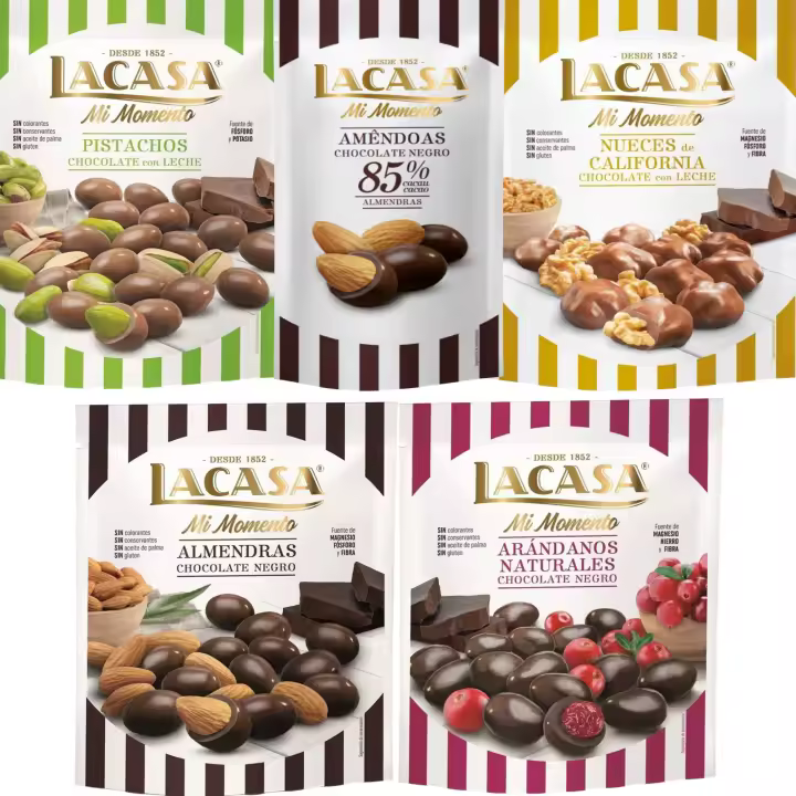 Lacasa Mi Momento pack de 5:Almendra 85% 65G,Arándano choco Negro 125G,Nueces Leche 115G,Almendra choco Negro 125G,Pistacho Leche 100G - 1