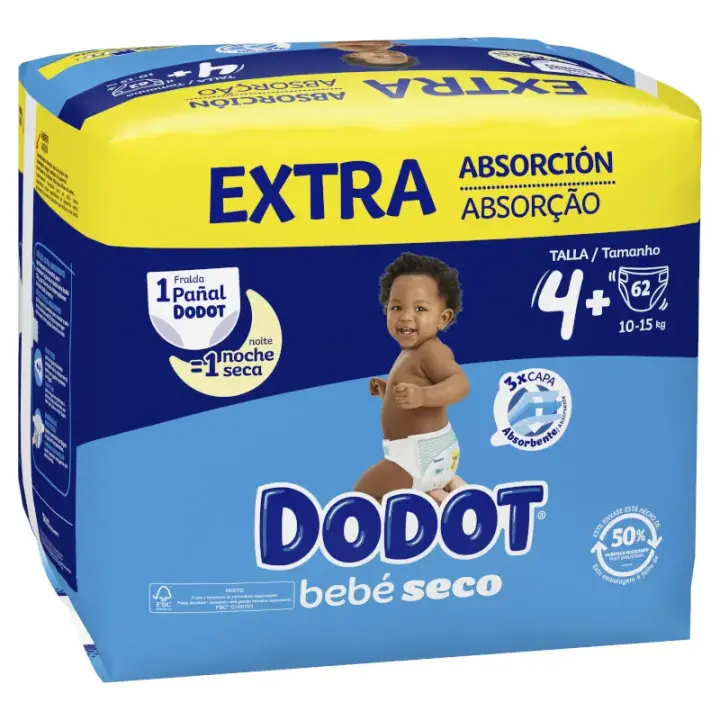 Dodot Bebé Seco Talla 4+ (10-15kg) Extra Absorción Pack 62 Pañales【ROUA】 - 1