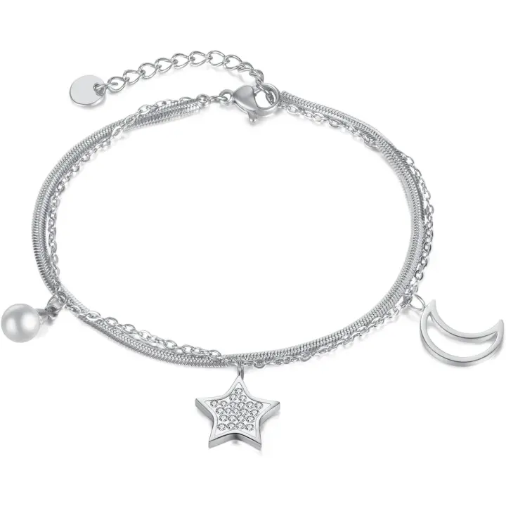 Pulsera para mujer de Maple inoxidable with Colgante de Estrella & Luna para Mujeres Niños Día DE LA Madre Gift de Joyería Plata - 1