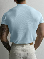 Camiseta De Hombre Elástica Y Cómoda Para Primavera Y Verano Con Cuello Alto Y Rayas Camiseta Deportiva Casual Con Mangas Cortas Para Fitness - details 9