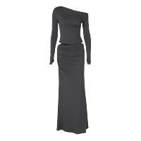 Conjunto De Moda Otoño Hugcitar Para Mujer 2 Piezas Camiseta De Manga Larga Con Cuello Asimétrico Y Falda Maxi Ajustada Y2K Para Vacaciones Y Noches - details 12